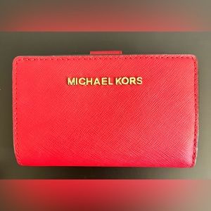 Red/Gold Michael Kors wallet. Used, pretty good condition. Authentic
